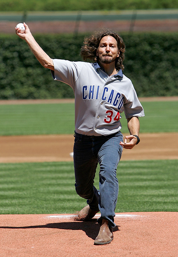 Singer Eddie Vedder throws out the first pitch prior to the Cubs vs.  Washington Nationals game at Wrigley Field, on Saturday, August 23, 2008,  in Chicago, Illinois. The Cubs beat the Nationals