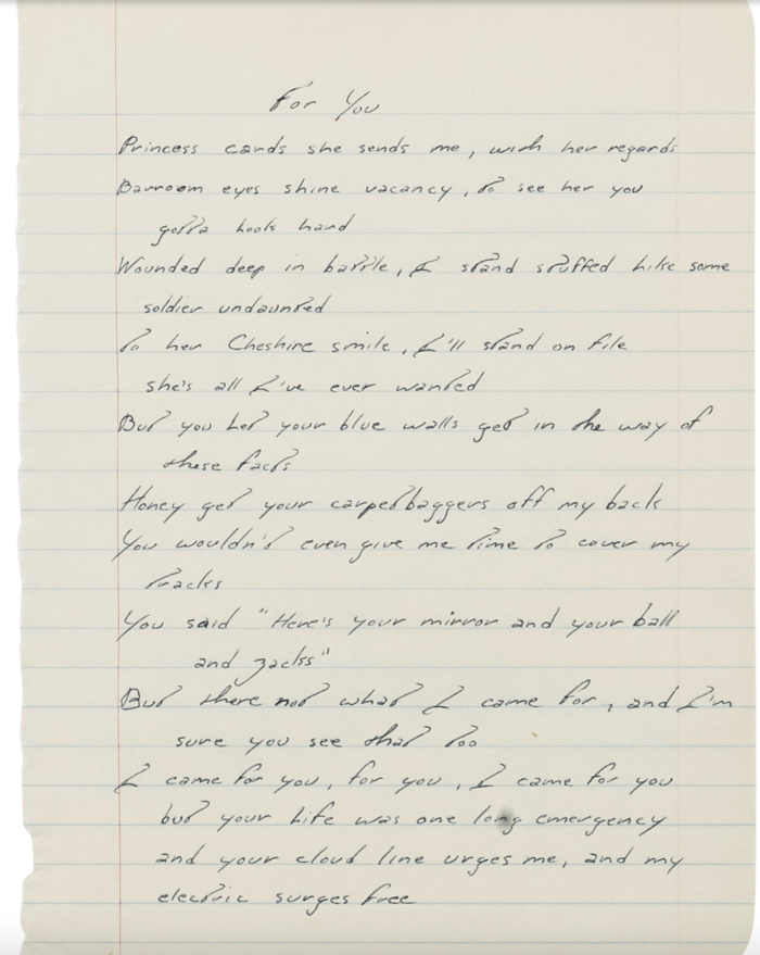 Handwritten Lyrics for "Thunder Road," "For You" and Springsteen's