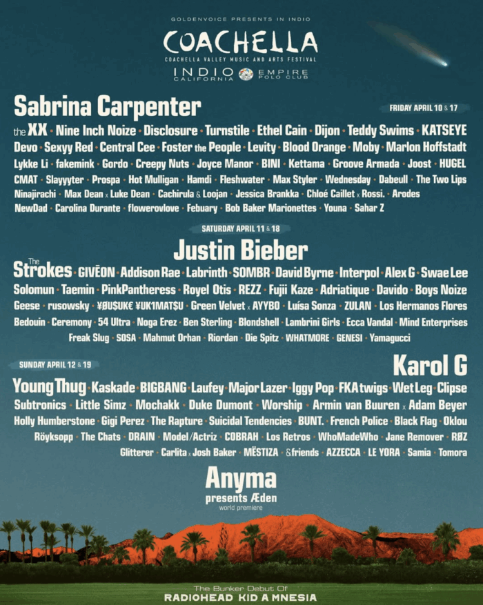 Coachella Unveils 2026 Artist Lineup: Justin Bieber, Sabrina Carpenter, Karol G, David Byrne, Iggy Pop, Young Thug and More