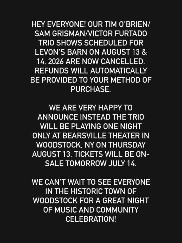 The Tim O’Brien/Sam Grisman/Victor Furtado Trio Move Shows from Levon Helm Studios