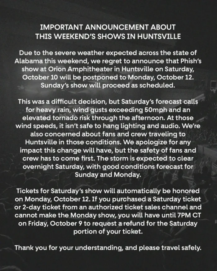 Phish Postpone Saturday Alabama Show